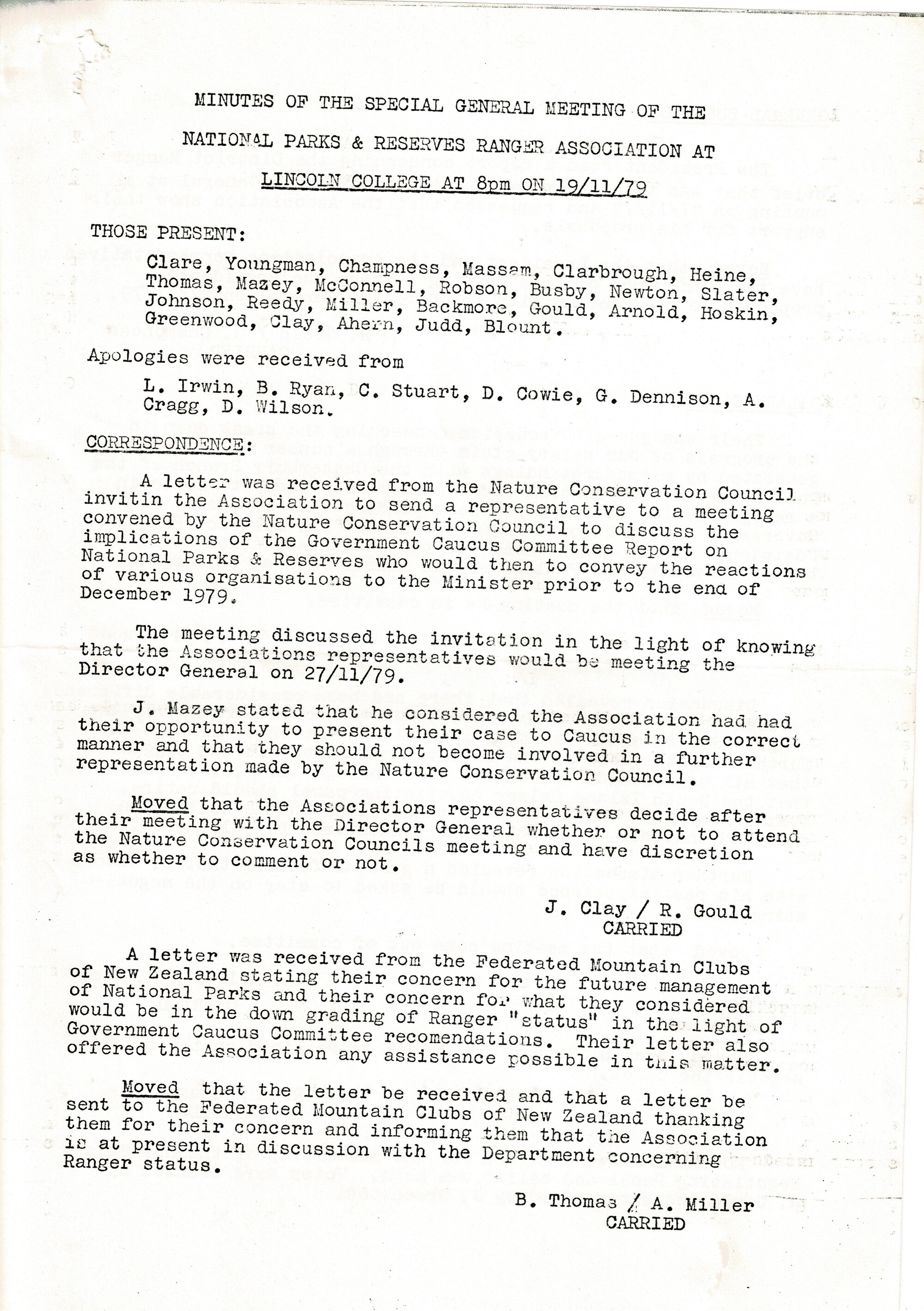 Rangers Association Minutes of General Meeting-19/11/1979