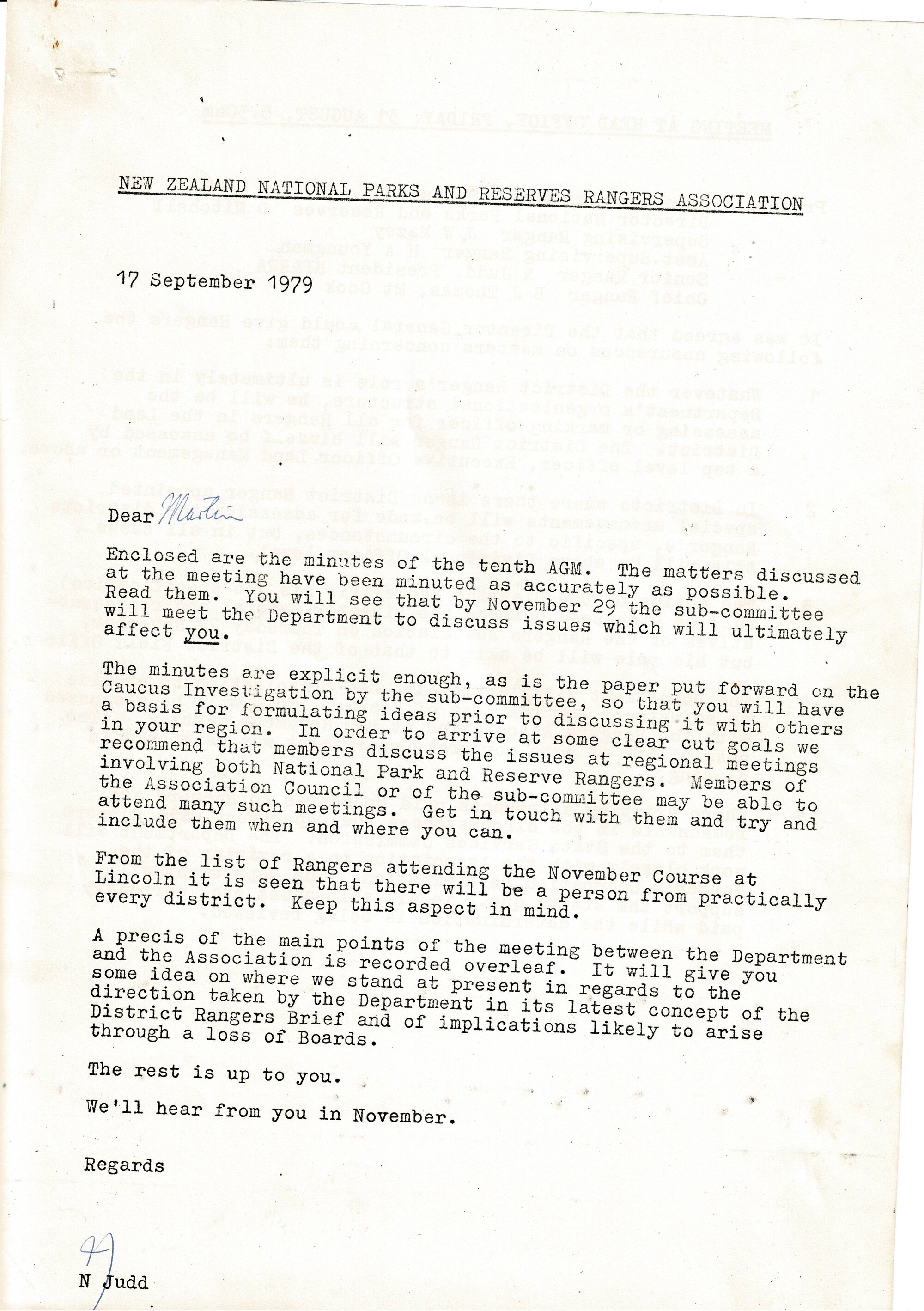 Rangers Association Letter to Rangers-17 September 1979