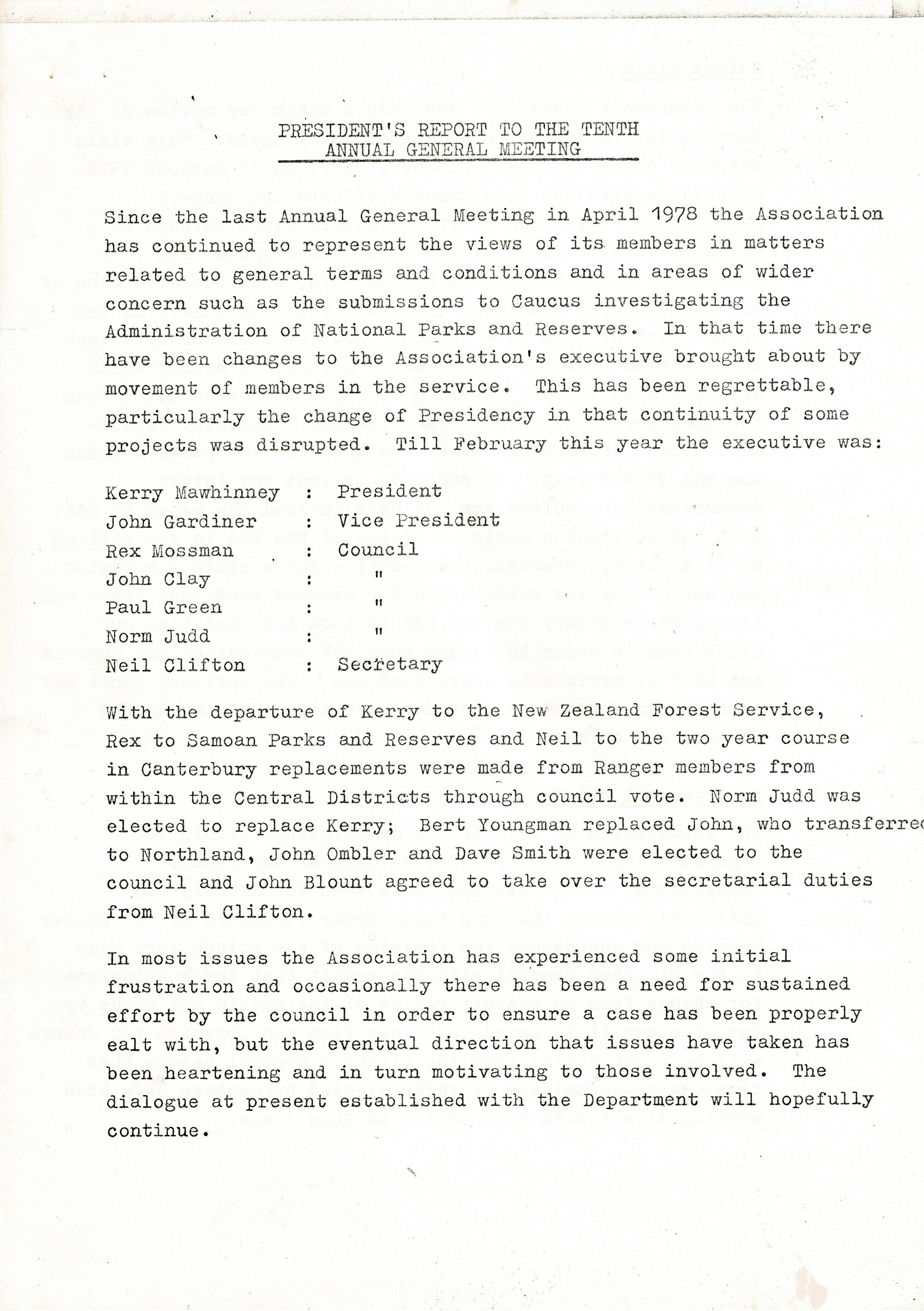 Rangers Association President's report to 10th AGM-4 September 1979