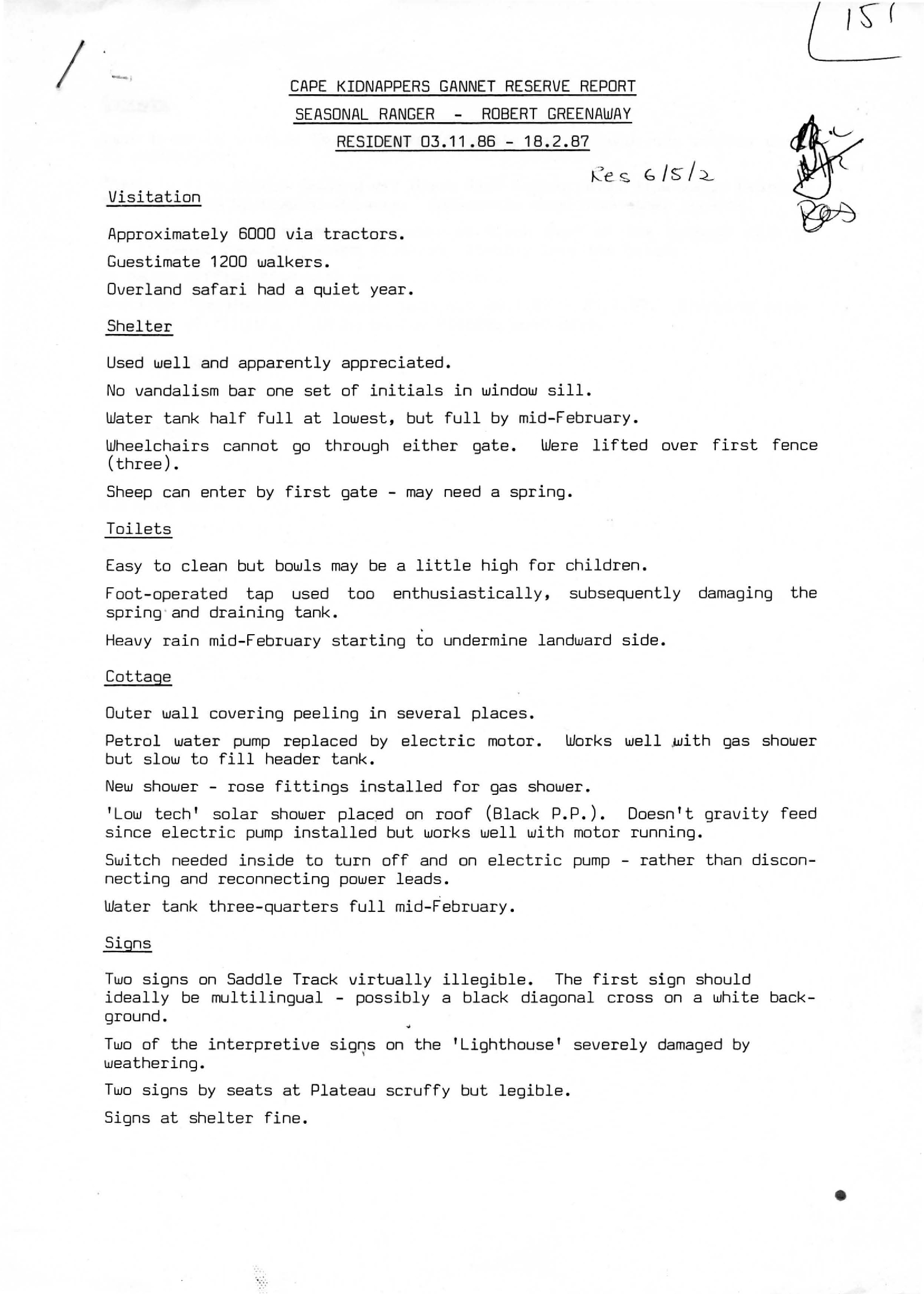 Cape kidnappers rangers report 1986-87 RJ Greenaway