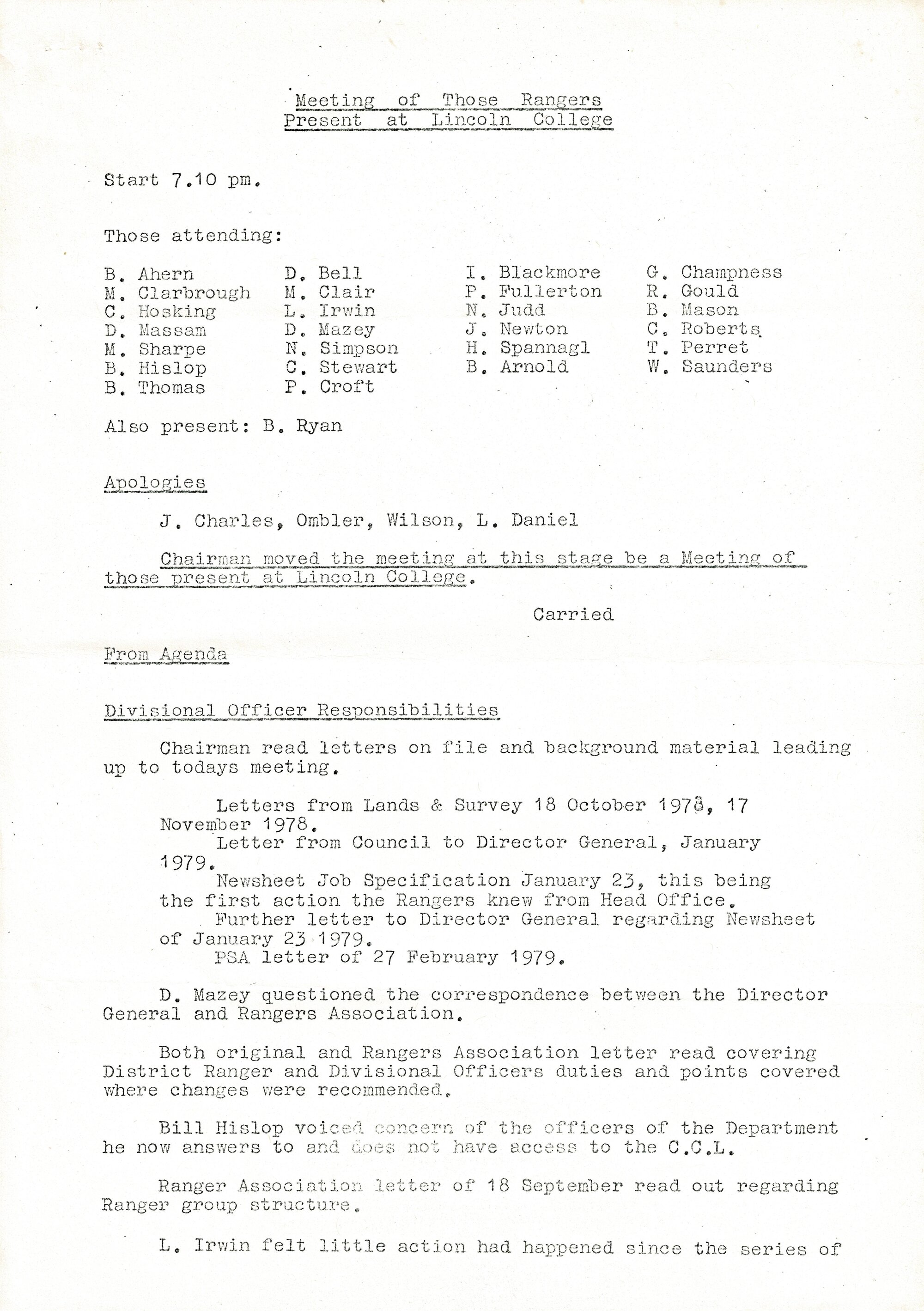 Rangers Association Minutes of Special Meeting-May1979