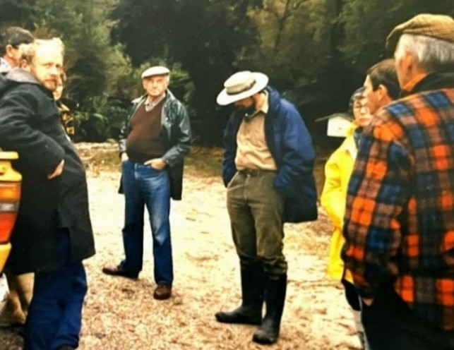 With NZFS Nelson Advisory Board at Oparara Basin discussing cave and karst protection and management, Karamea, 1986? Credit: Gavin Rodley