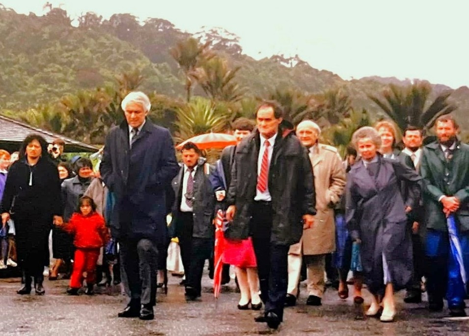 1987 Paparoa National Park Opening:Sir Paul Reeves and Maika Mason in Front; Sir Tipene O’Regan. Behind Maika; Kevan Wilde and Bruce Watson Right Rear Accompanied by Ngai Tahu Entourage Credit: Gavin Rodley
