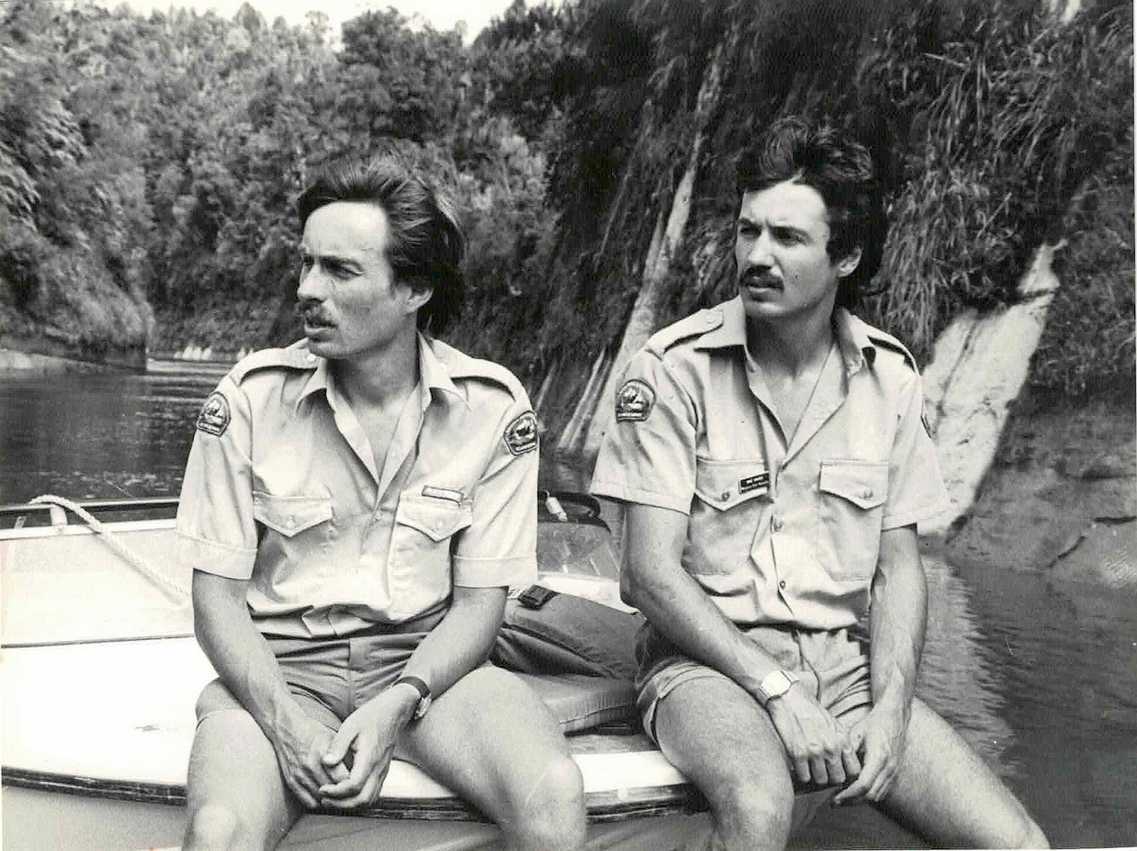 John with Mike Davies (then a Lincoln Parks and Recreation student) on a summer river patrol. These were undertaken every 2 to 3 days in busy holiday times, when there were lots of canoeists on the river. (This river trip is now listed by DOC as one of the ‘Great Walks’).