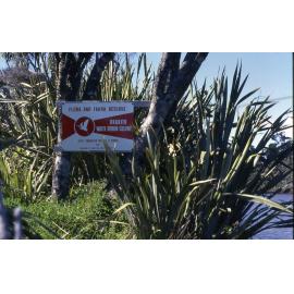 Entry sign for Okarito White Heron Colony 1971