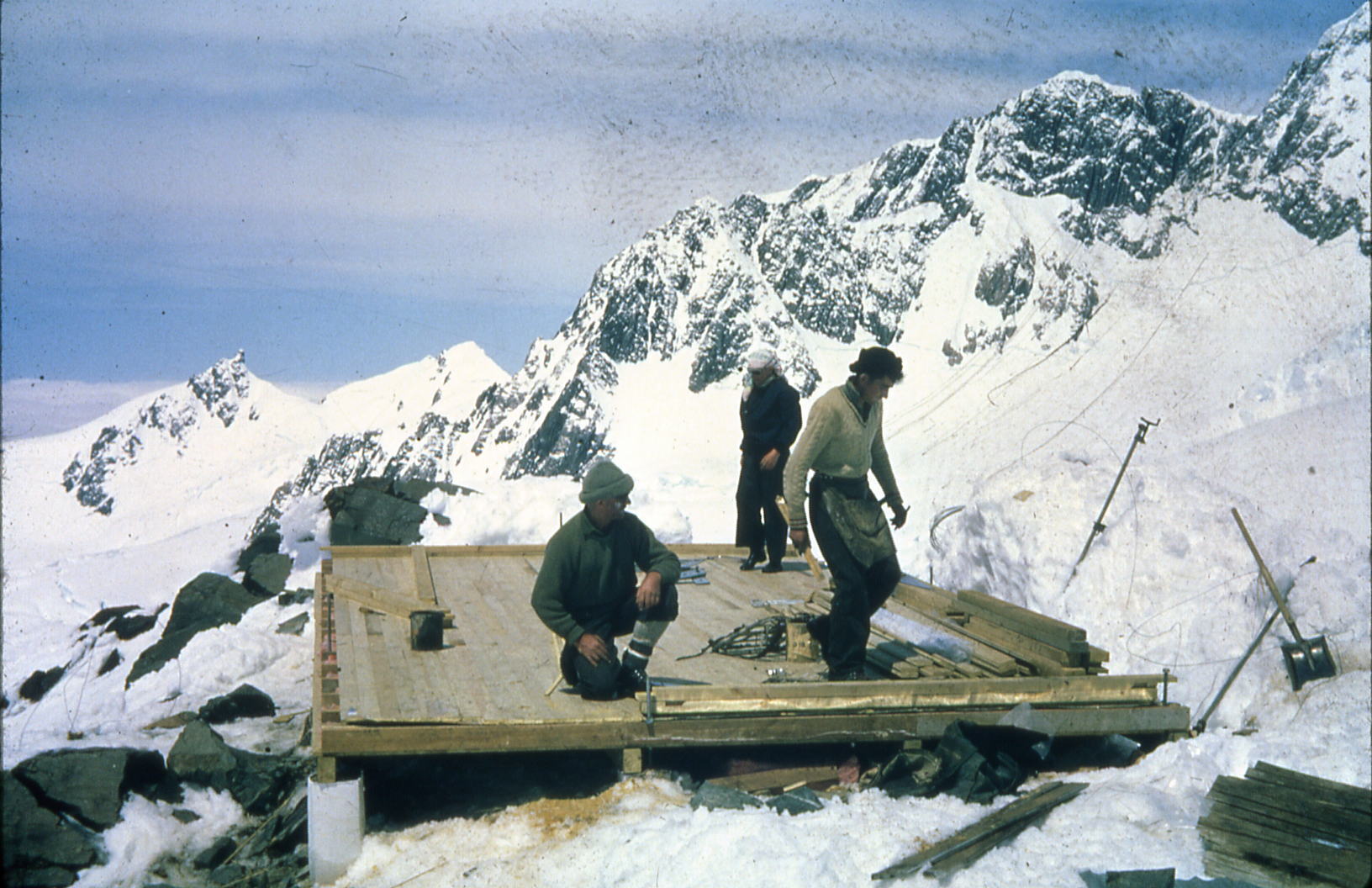 Laying the foundation for the original Pioneer Hut, early 1960s