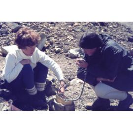 Judith Crist and Robin Mossman using the radio telephone: Tongariro National Park