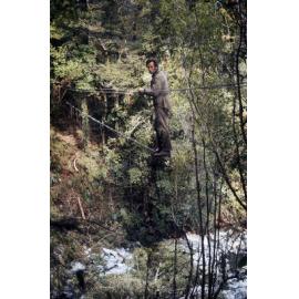 Keith Youngman constructing 3 wire bridge:  Fiordland National Park