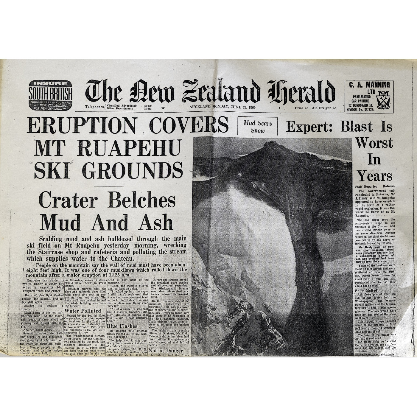 Eruption Covers Mt Ruapehu Ski Fields 1969