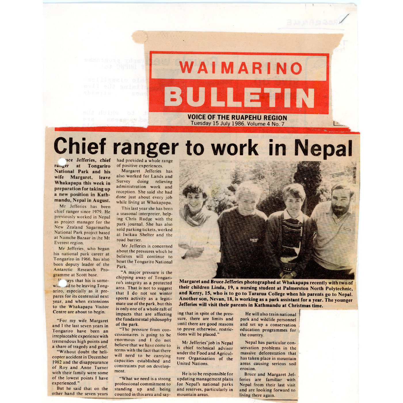 Chief Ranger to Work in Nepal1986