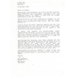 Rangers Association Newsletter and subs request-22 November 1985