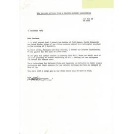 Rangers Association Letter regarding the deaths of Bill Cooper, Derek White and Keith Blumhardt -17 December 1982