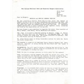 Rangers Association Invitation to 1993 Reunion and Special General Meeting-26 September 1992