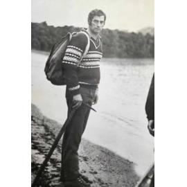 Wally Sander on the shore of Lake Waikareiti