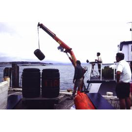 Unloading barrels from 'Hauturu' at Rangitoto Wharf, Rangitoto Island