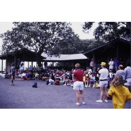 Philip addressing a school group at Rangitoto Wharf, Rangitoto Island