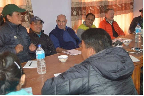 Mission Team leader Bruce Jefferies (centre) with UNESCO staff (to right) at meeting with locals, held at SNP headquarters, May 2016.