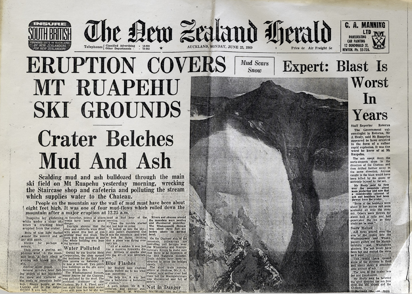 Eruption Covers Mt Ruapehu Ski Fields 1969